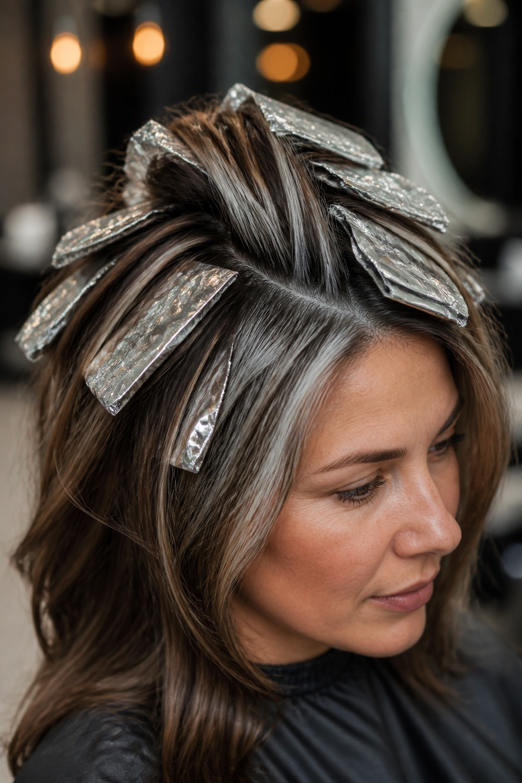 Close-up of crown foil highlights on a real woman's hair