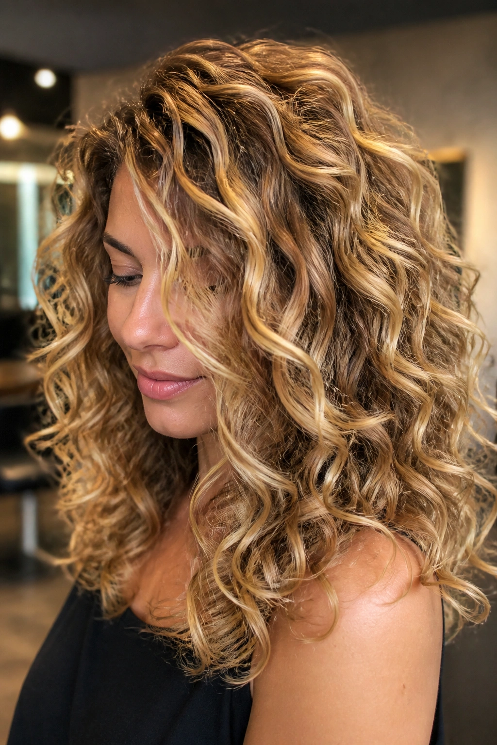 Close-up of real woman with golden foil highlights in curly hair, showcasing foilayage