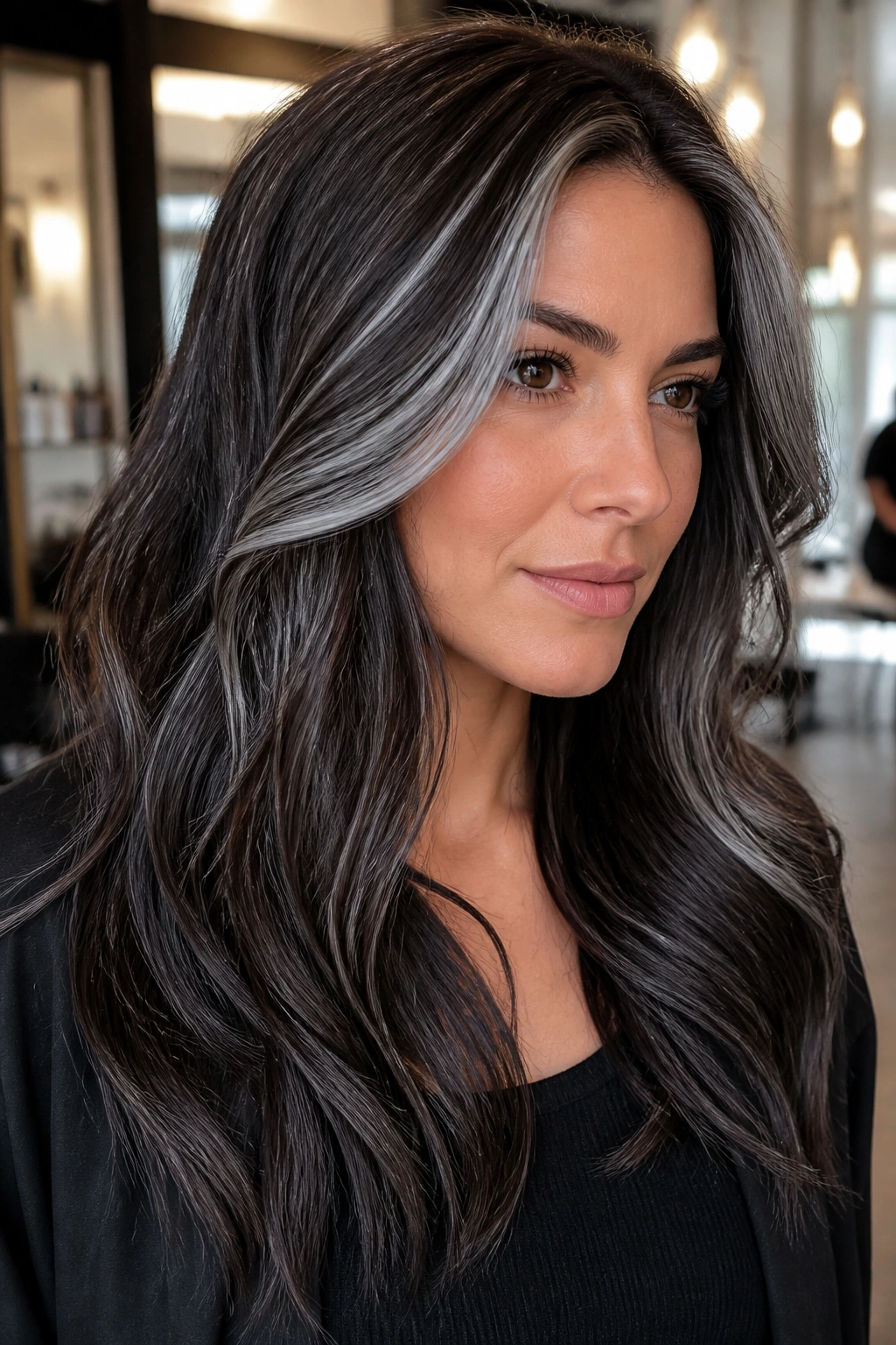 Close-up of espresso brown hair with metallic silver foil highlights