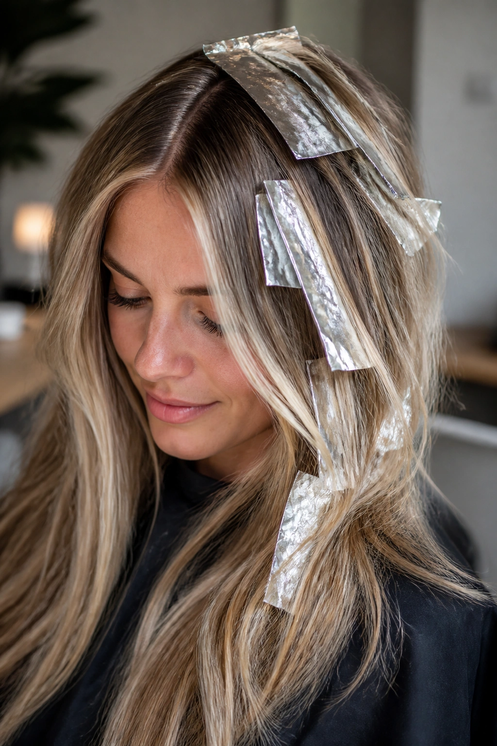 Close-up portrait of a real woman with foilayage highlights in hair