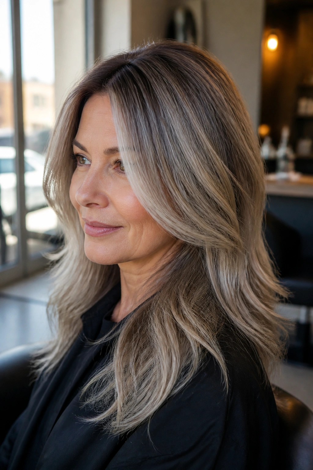 Close-up of foilayage with soft root shadow on real woman's hair