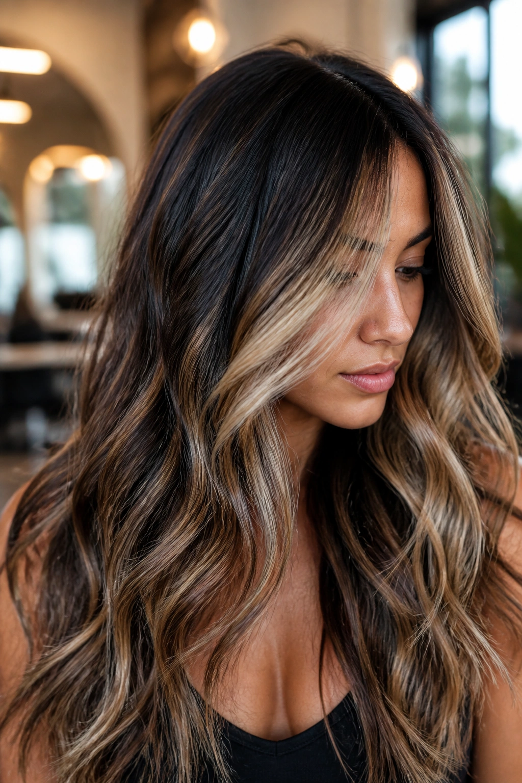 Close-up of a real woman with sunlit foilyage on dark hair