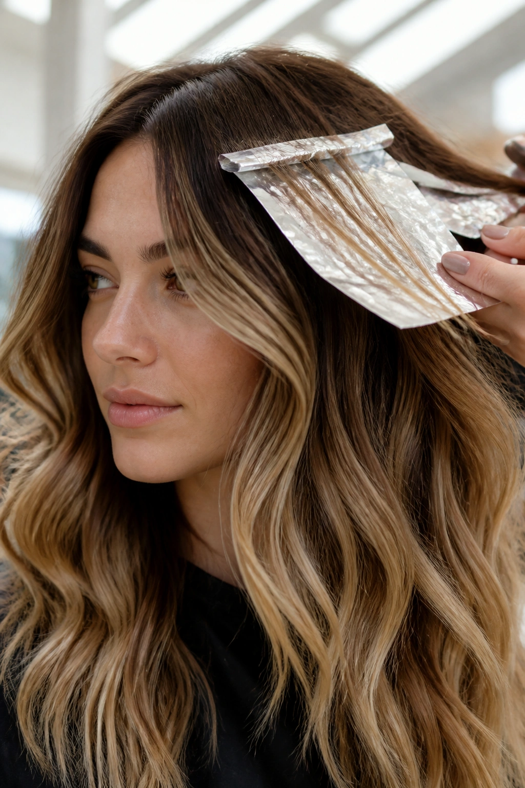 Close-up of a real woman with foilyage showing foil-wrapped strands.