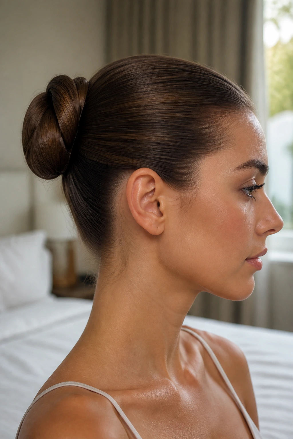 Close-up portrait of a woman with a sleek ponytail folded into a bun in soft window light