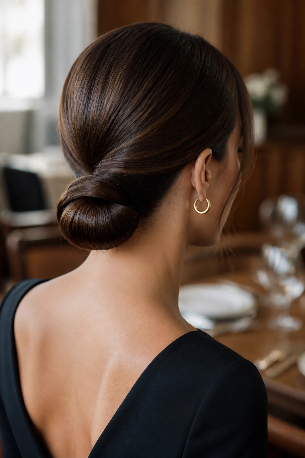 Close-up of a real woman wearing a folded chignon-inspired low ponytail at the nape.