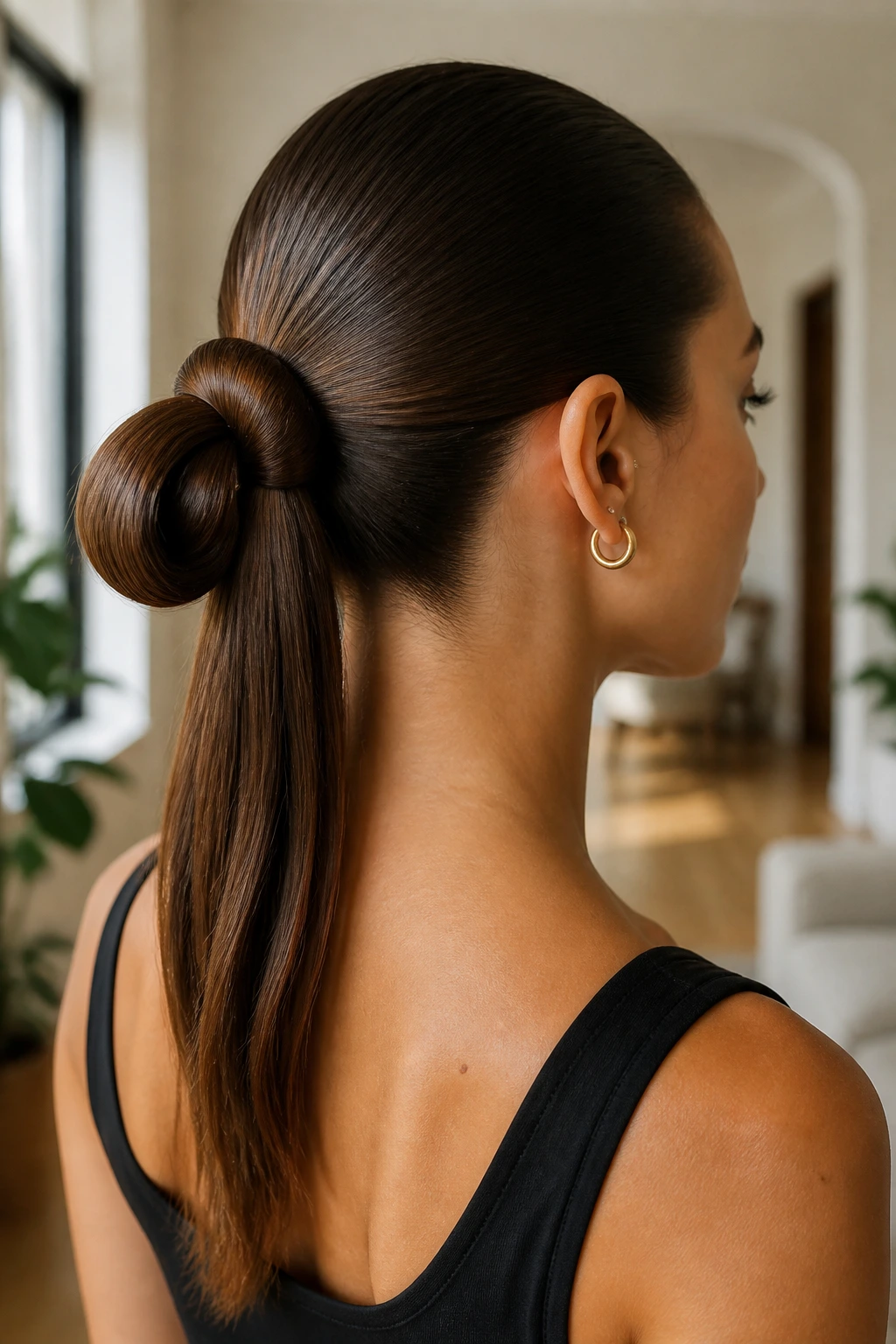 Close-up portrait showing a folded ponytail creating a loop at the back