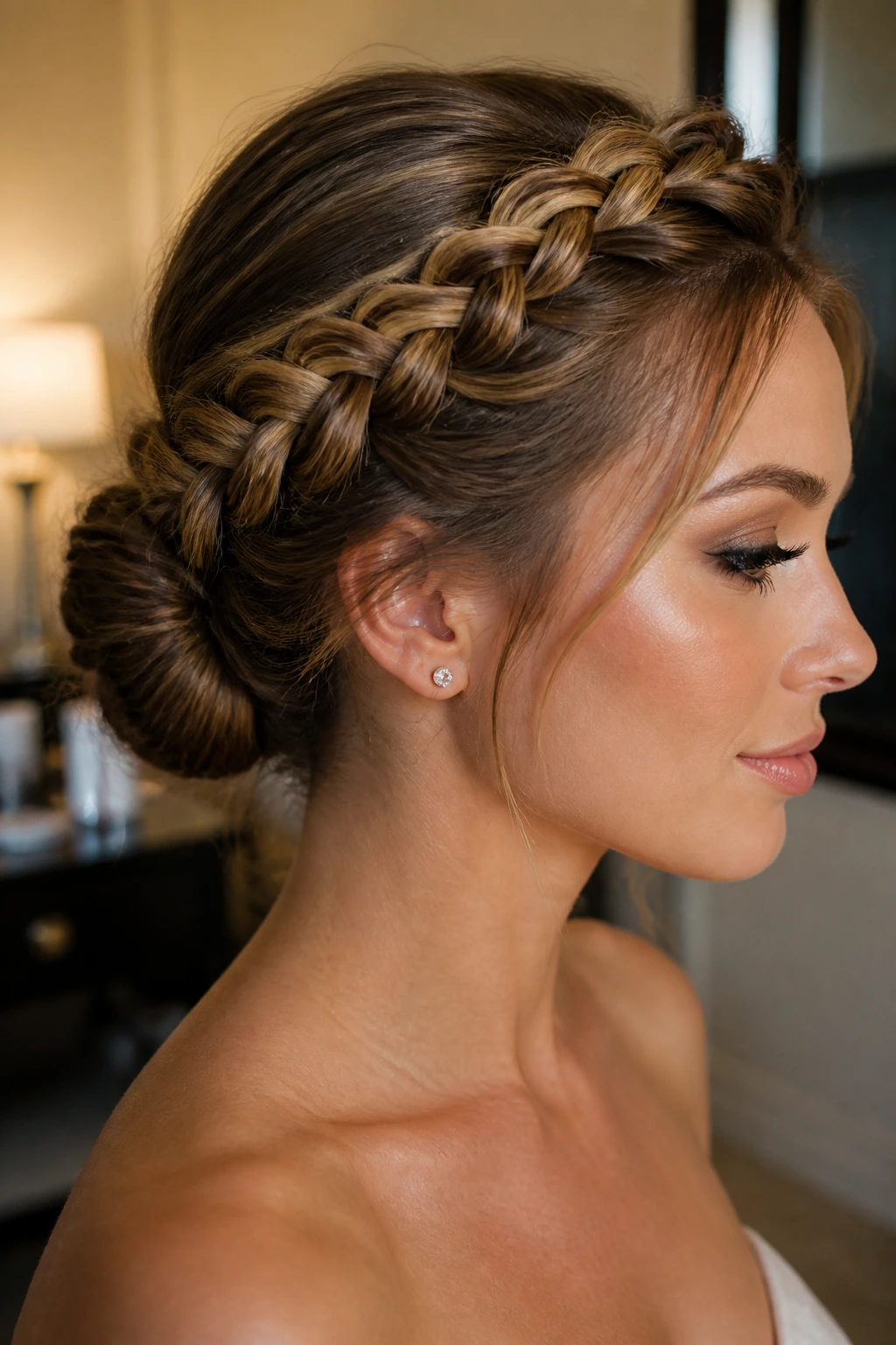 Portrait of a real woman with a formal crown braid updo and a neat bun at the back
