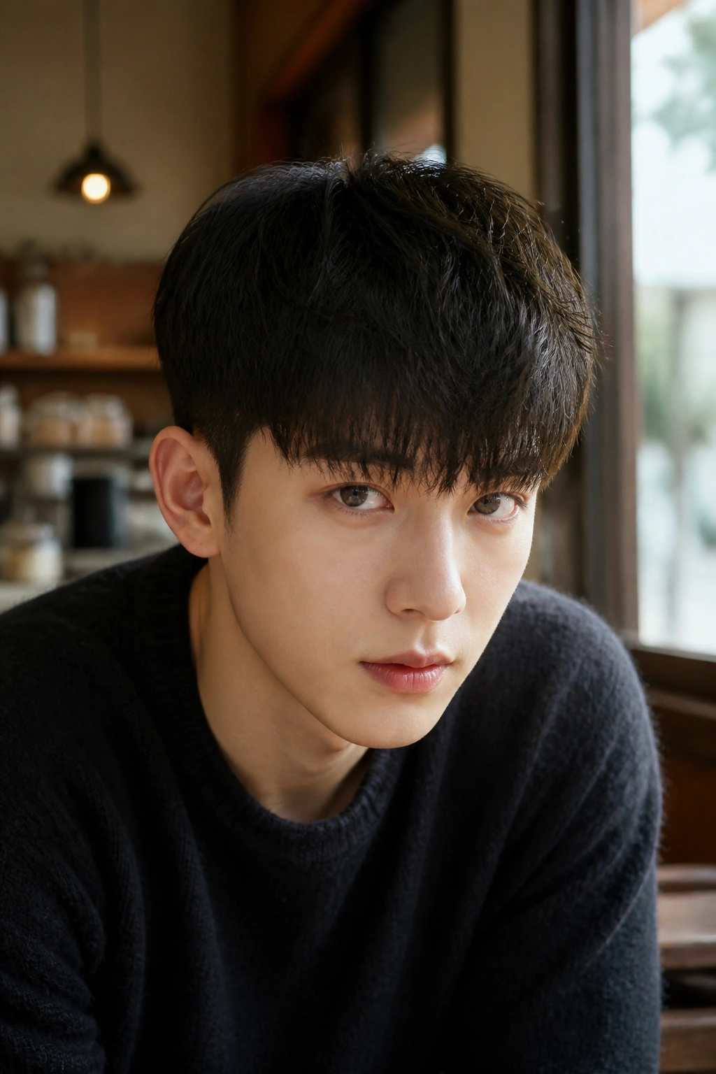 Portrait of man with forward fringe and tapered neckline
