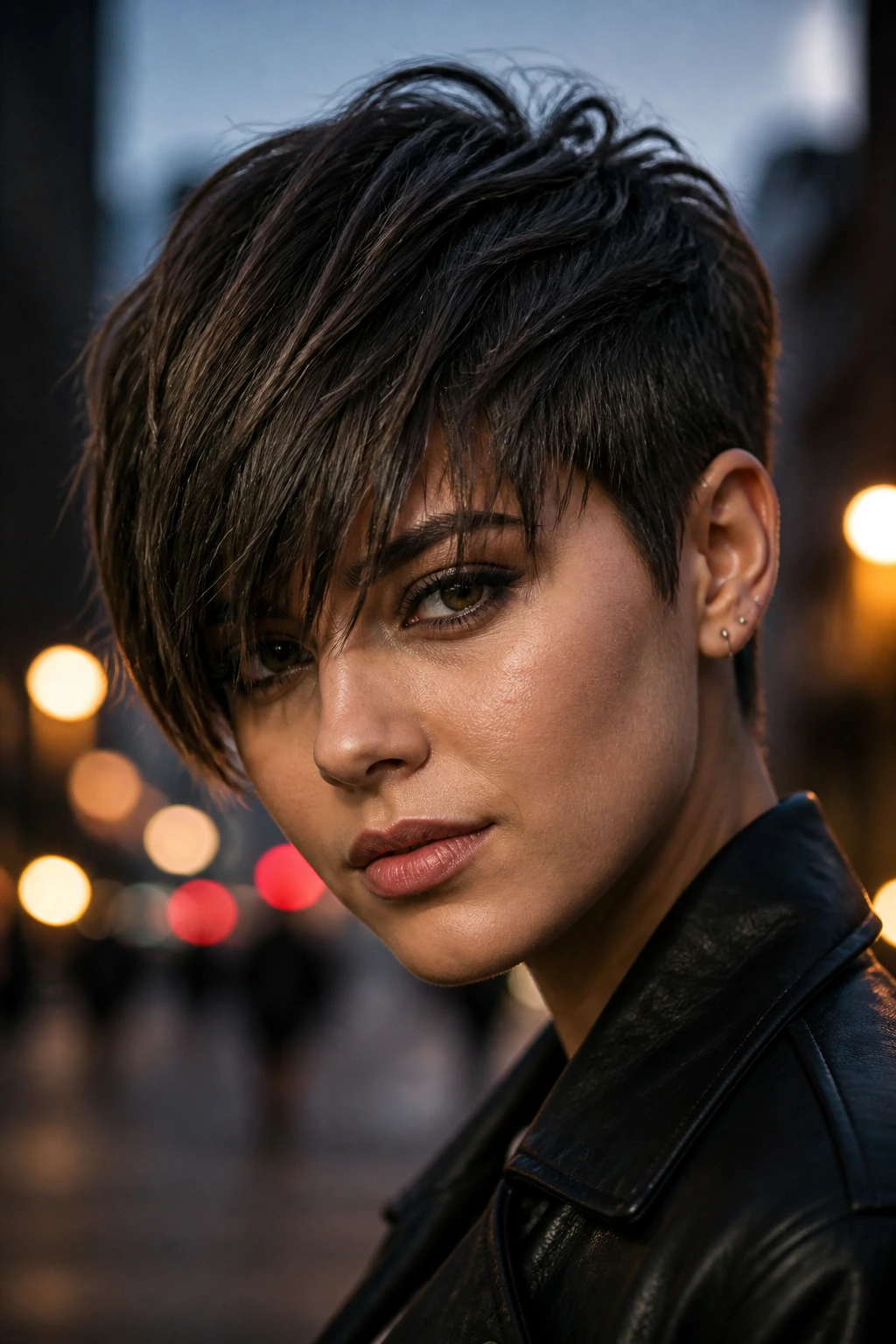 Portrait of a real person wearing a forward-swept crop with long fringe.