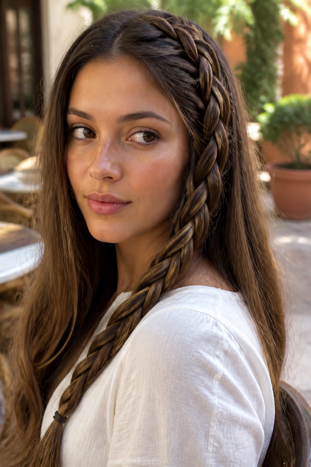 Close-up of real woman with four-strand braid on long hair