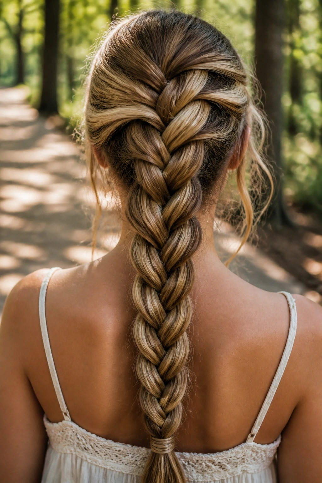 Portrait of a woman with a four-strand braid down the back in outdoor light