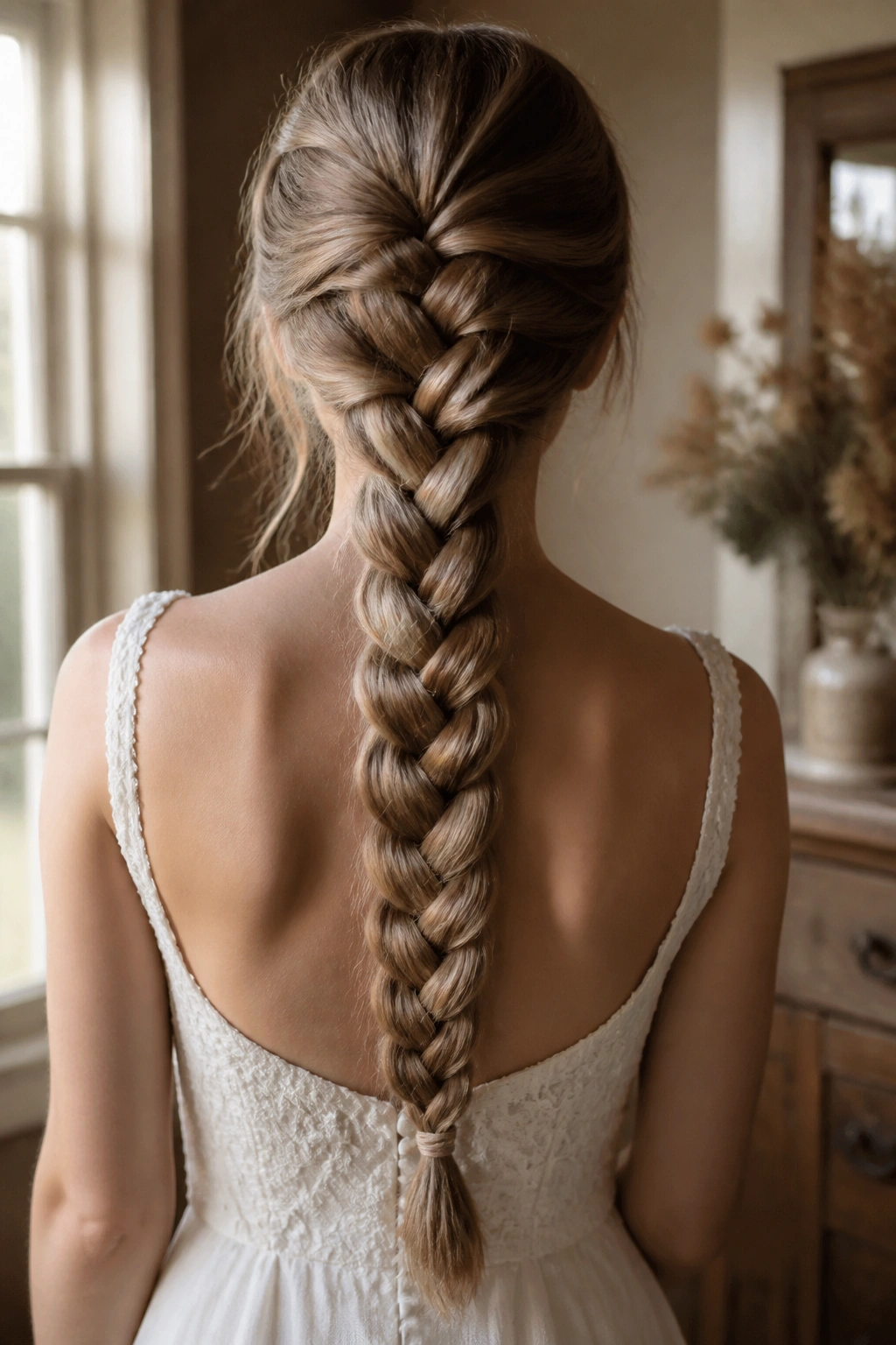 Rear view of a real woman with a four-strand braid along the back of her long hair.