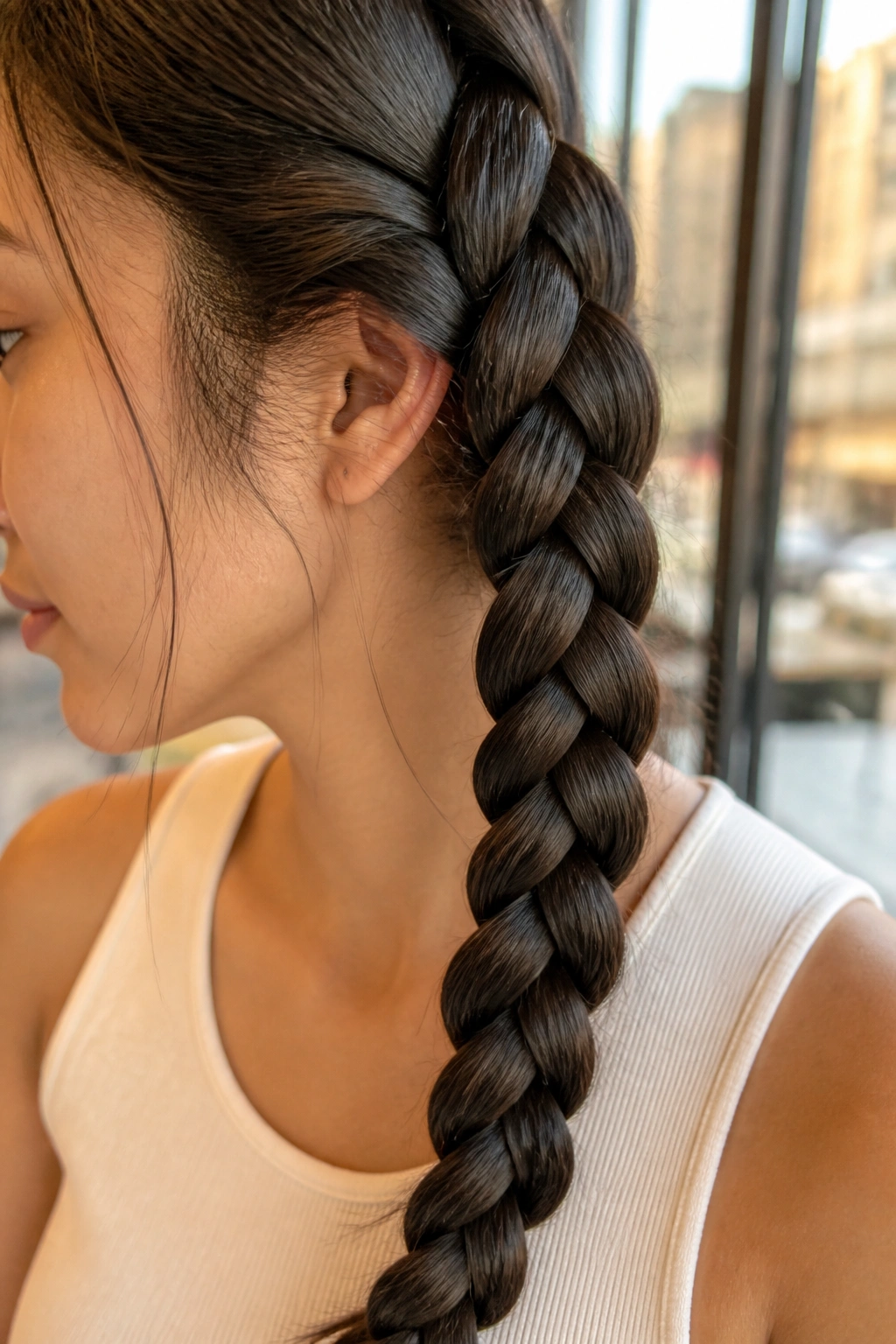 Close-up of a real woman's four-strand braid along the side