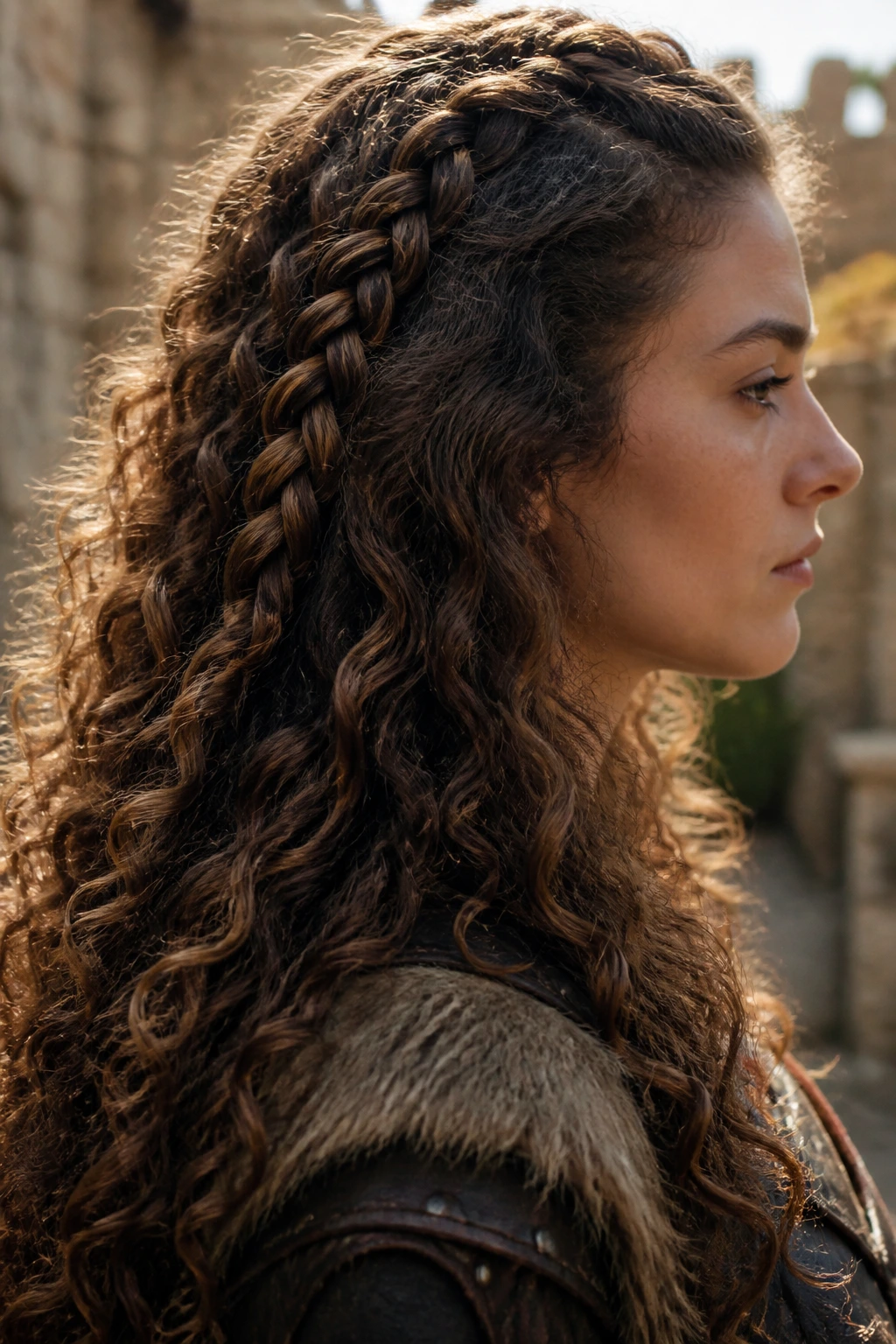 Close-up side portrait of a real person with a four-strand braid through thick curls