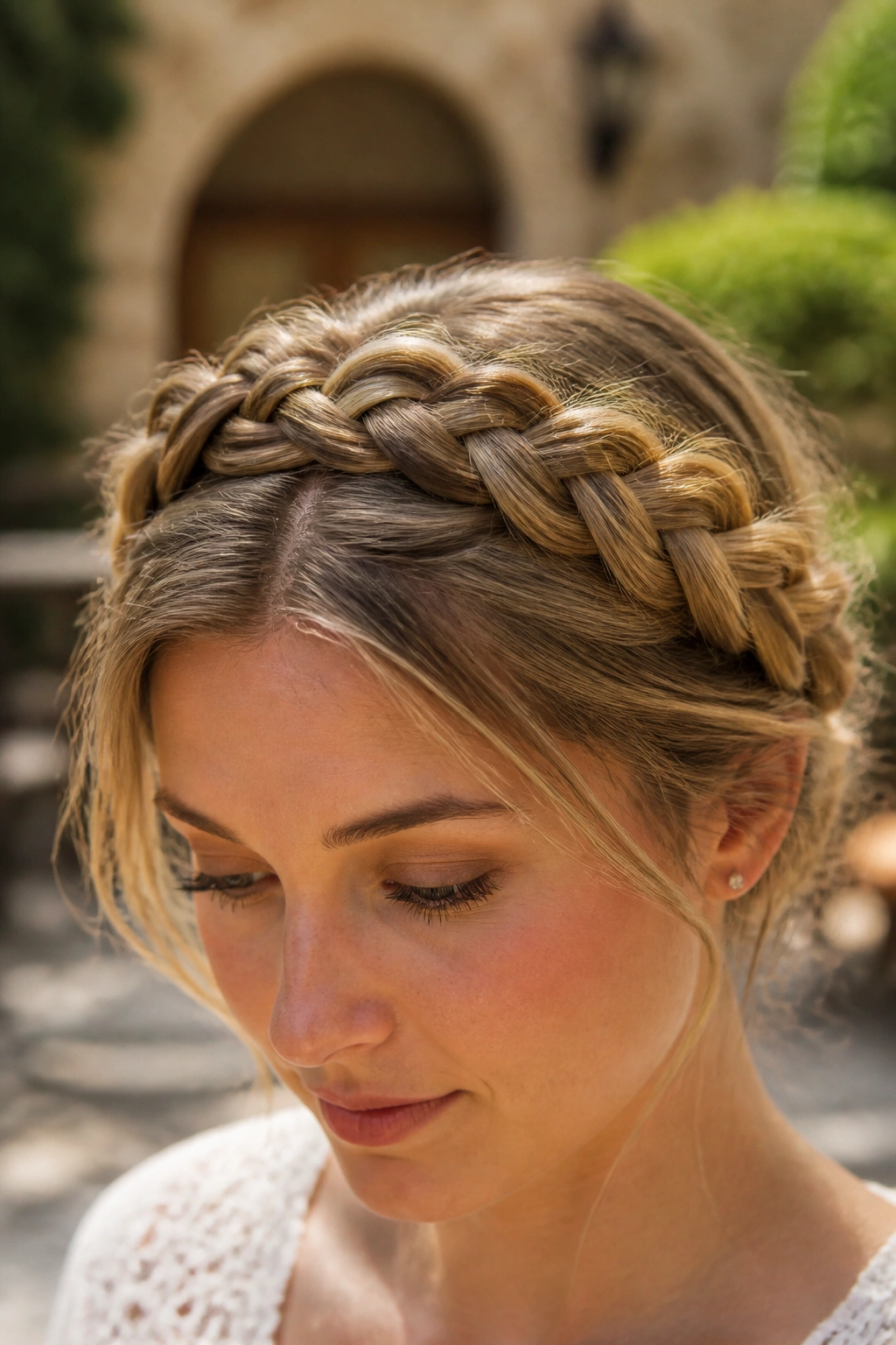 Close-up of real woman with four-strand crown braid in sunlit setting.