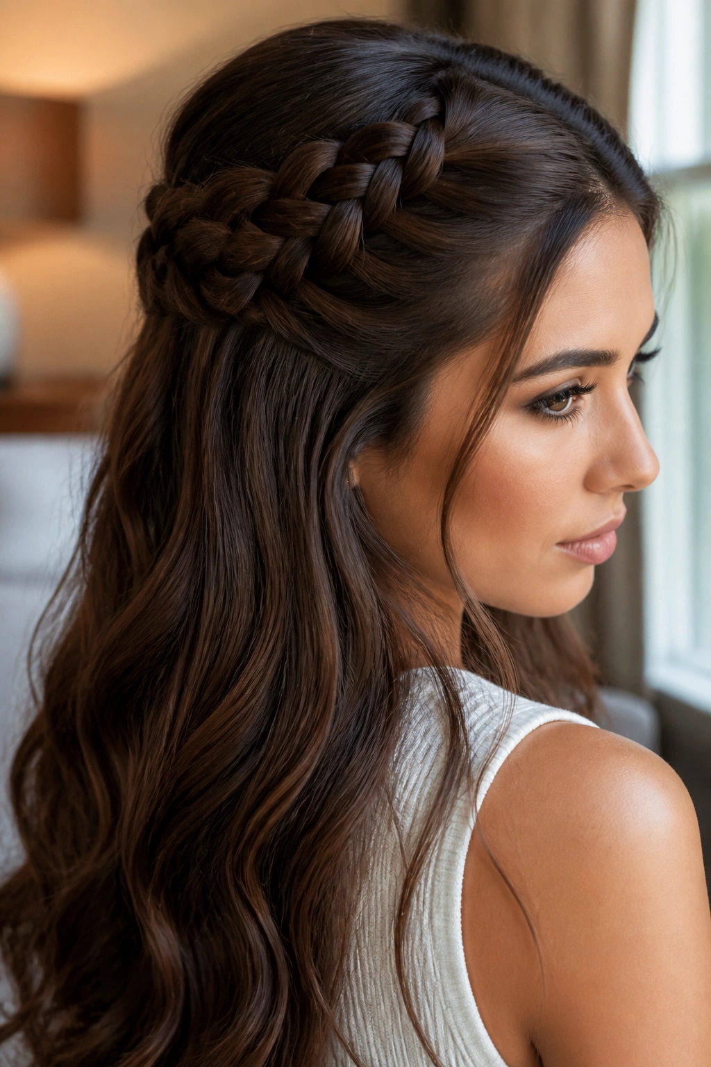 Close-up of a real woman with a four-strand half-up braid.