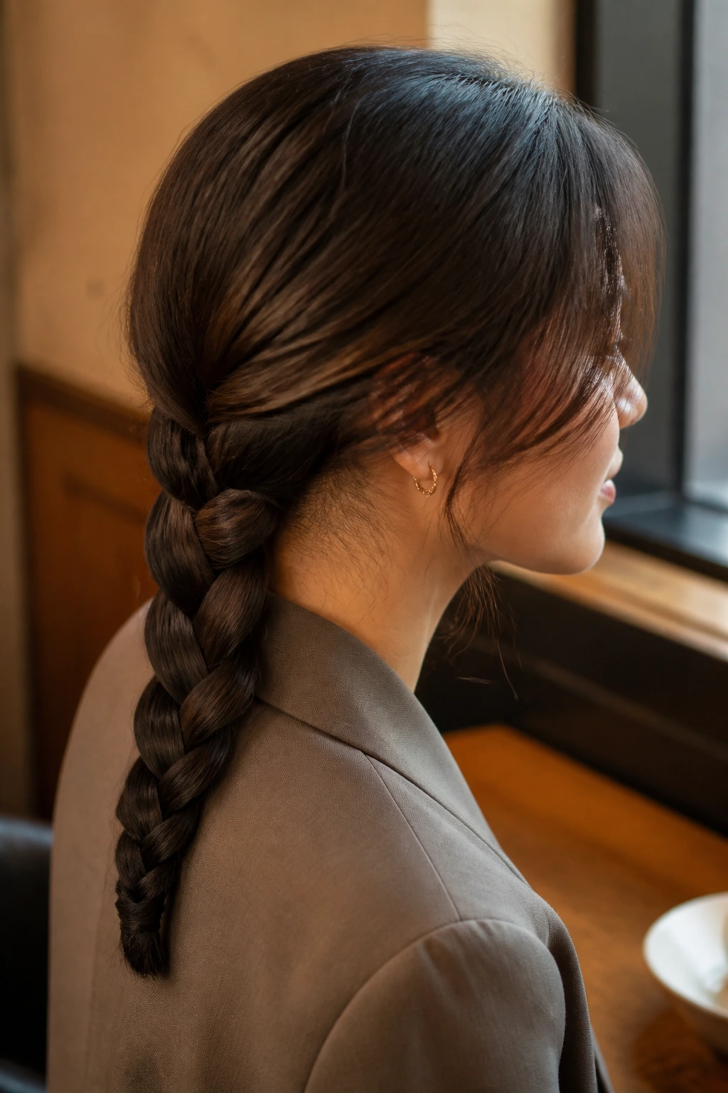 Close-up portrait of a real woman with a four-strand low braid at the nape