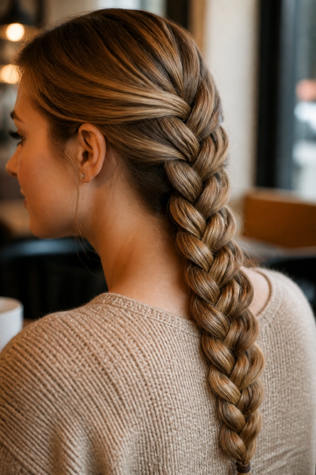 Close-up of a real woman with a four-strand braid along the back of the head.
