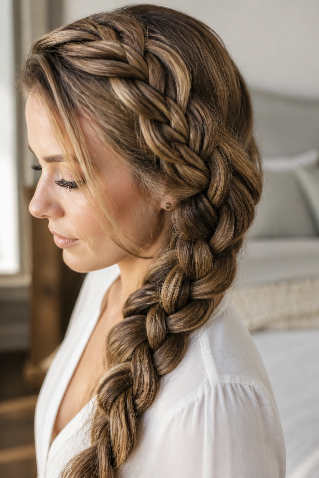 Close-up of a real woman with a four-strand side braid and extra texture