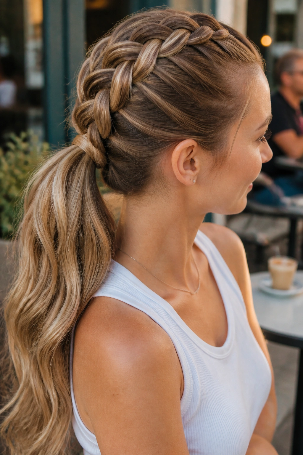 Close-up of a four-strand Dutch braid ending in a ponytail on a real person.
