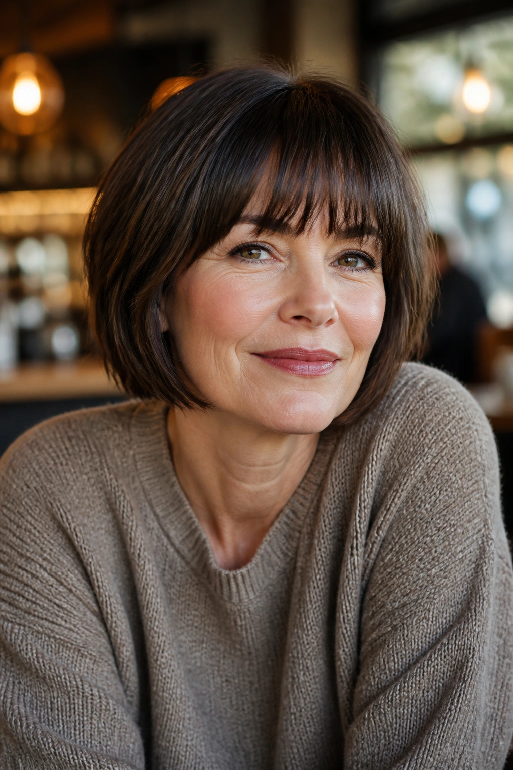 Close-up portrait of a woman with a French bob and eyebrow-grazing fringe in warm cafe light
