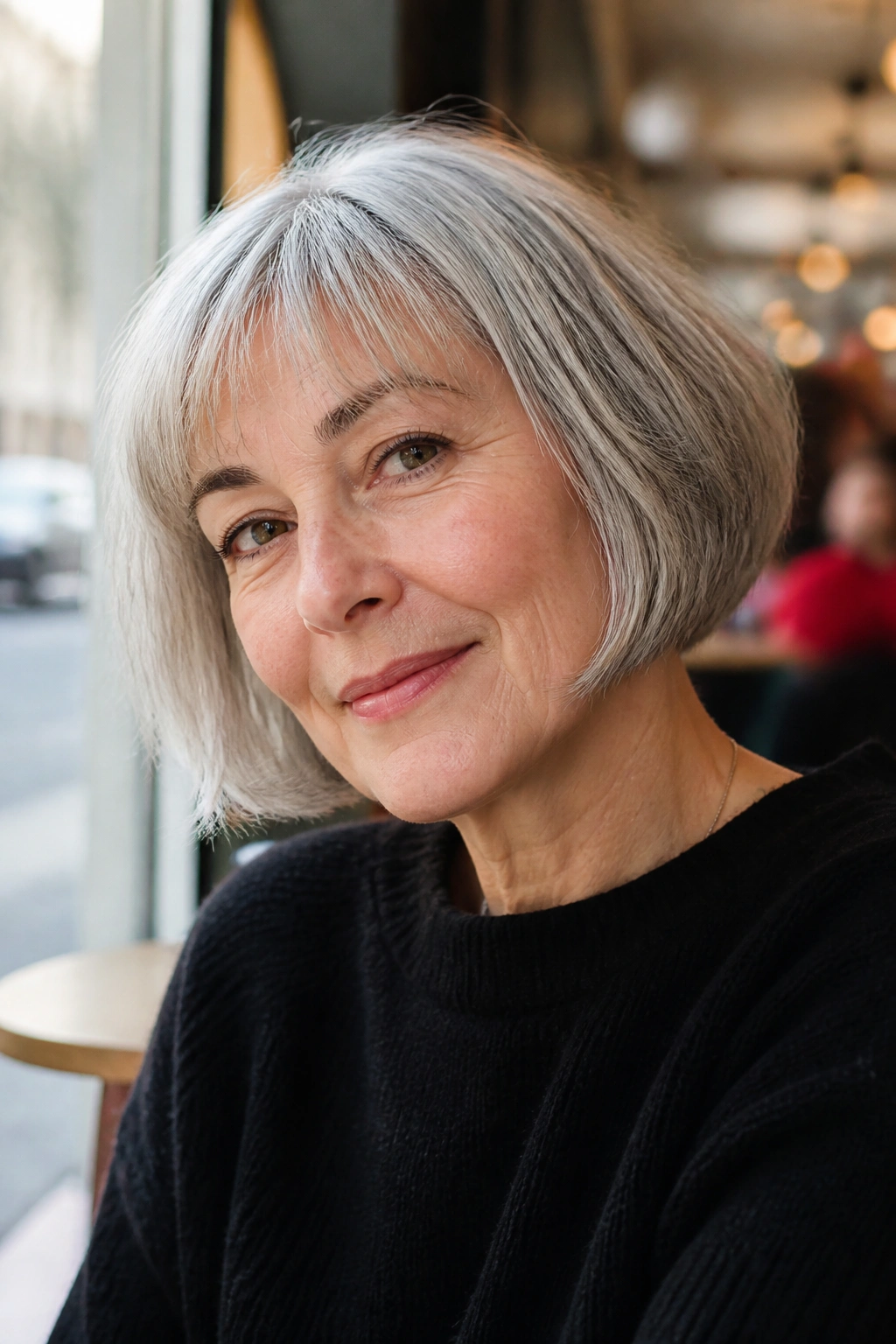 Close-up of a mature woman with French bob and airy fringe