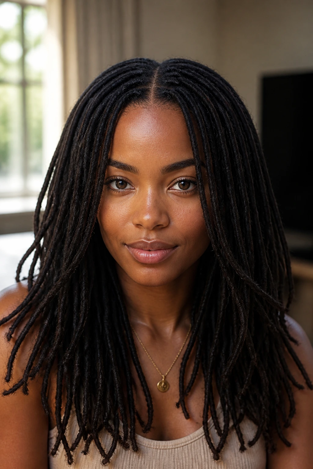 Let-down locs with a clean middle part on a real person