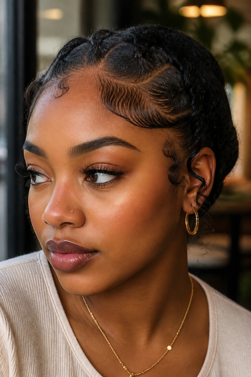 Close-up of a real person showing mixed edge shapes along the hairline