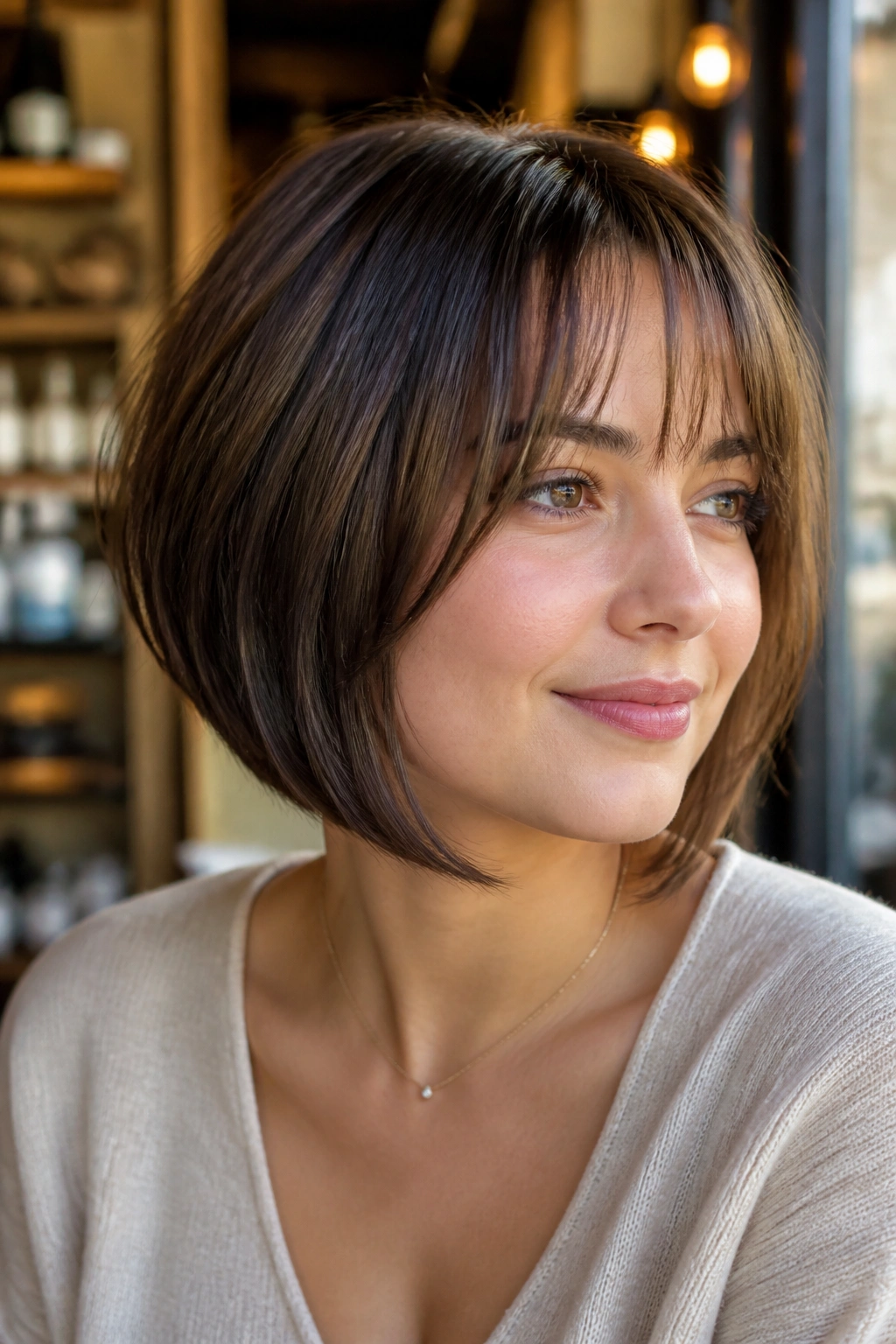 Close-up portrait of a real woman with a French-inspired angled bob and airy fringe