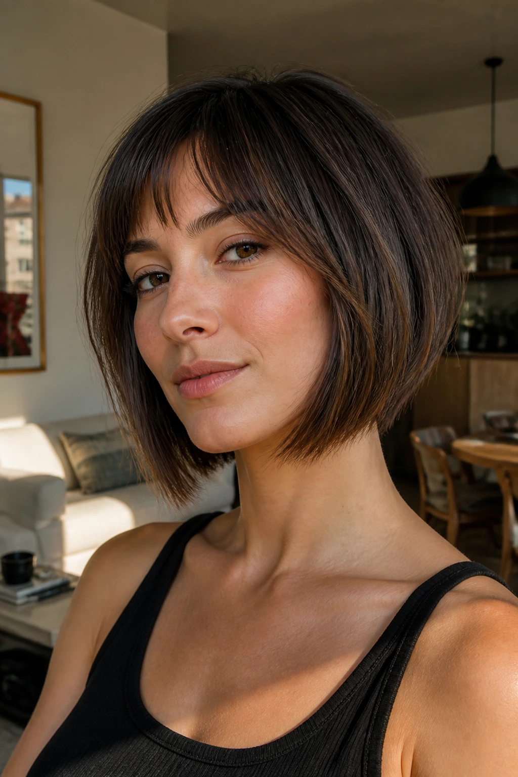Close-up portrait of a real woman with a jaw-length French angled bob in natural window light
