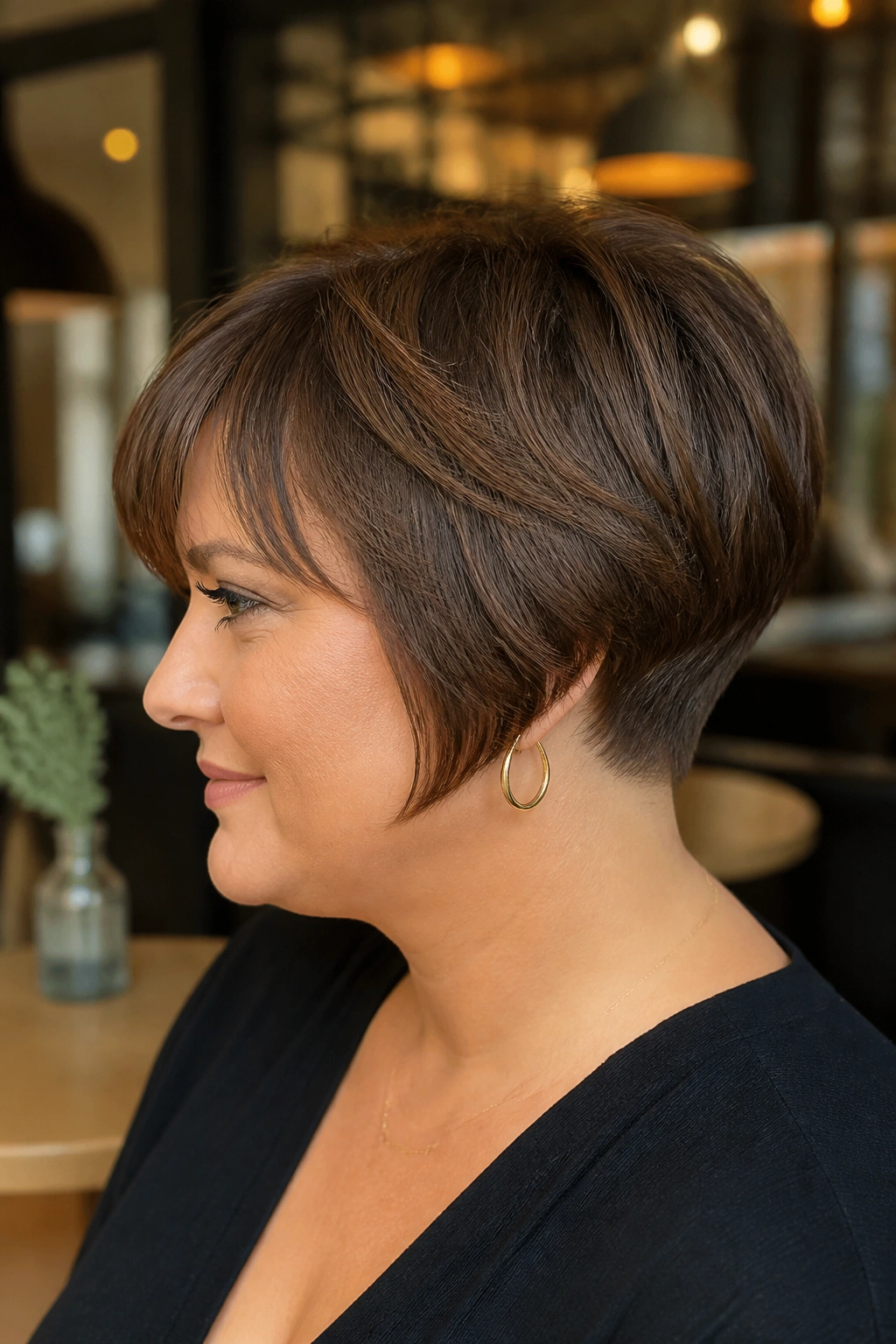 Portrait of a woman with a tapered-neck French bixie in a cafe setting.