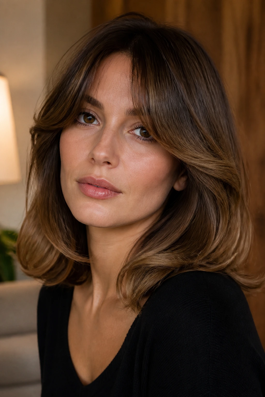 Real woman with French blowout curtain bangs in a cozy living room