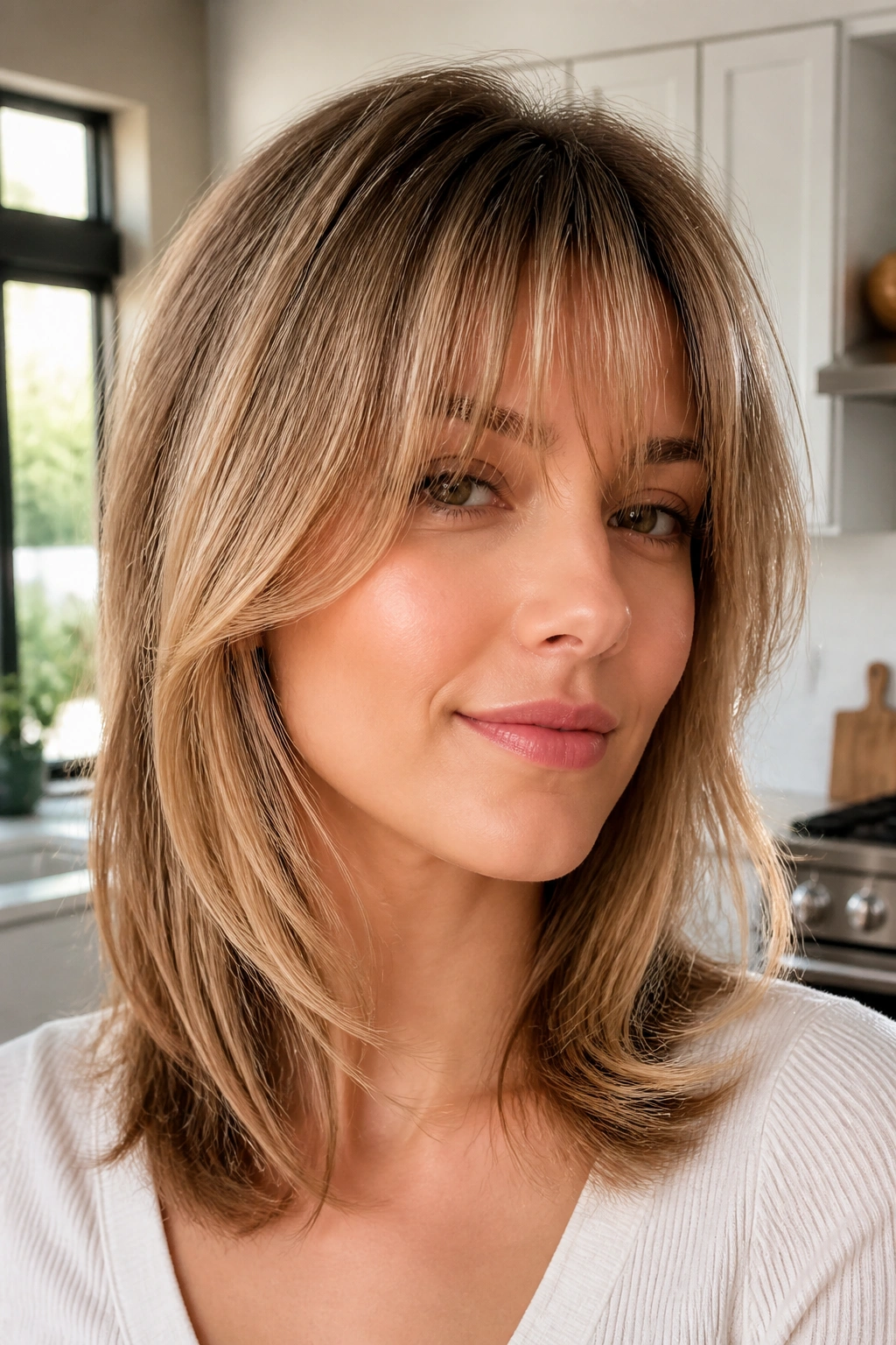 Close-up of a real person with a French blowout fringe under window light
