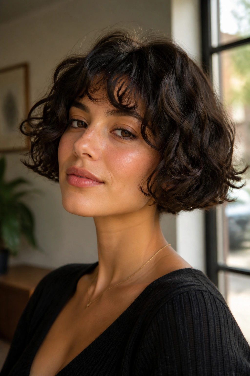 Portrait of a woman with a French bob and soft fringe