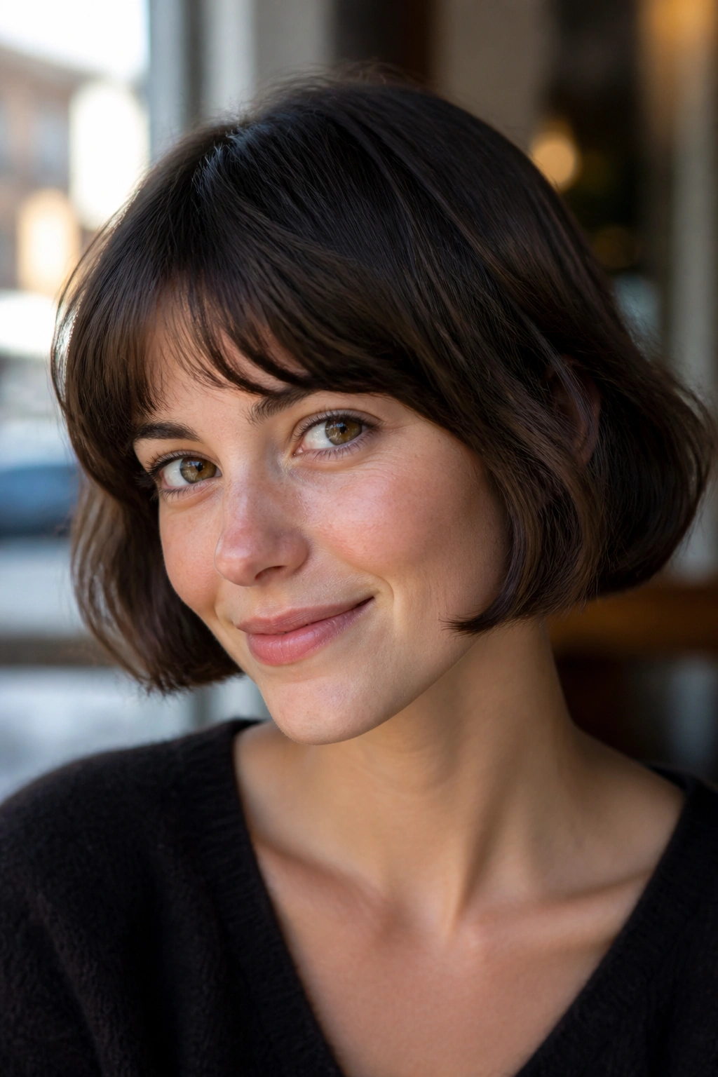 Close-up of a real woman with a jaw-length French bob air-drying in natural light