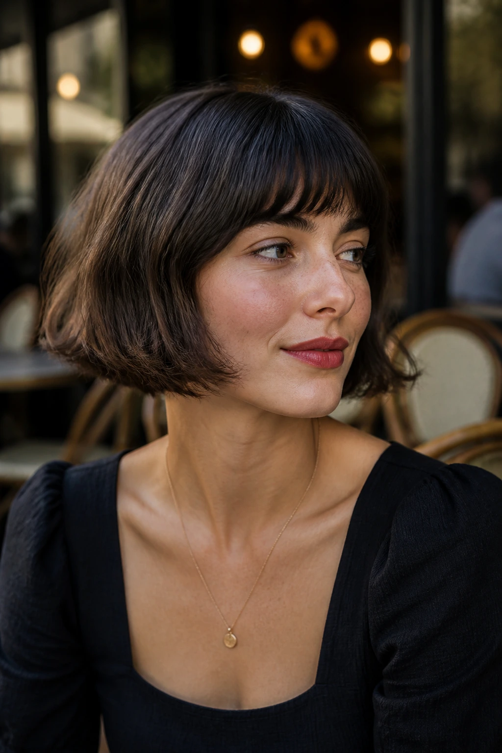 Real person with French bob and subtle inward bend in cafe-light ambience.