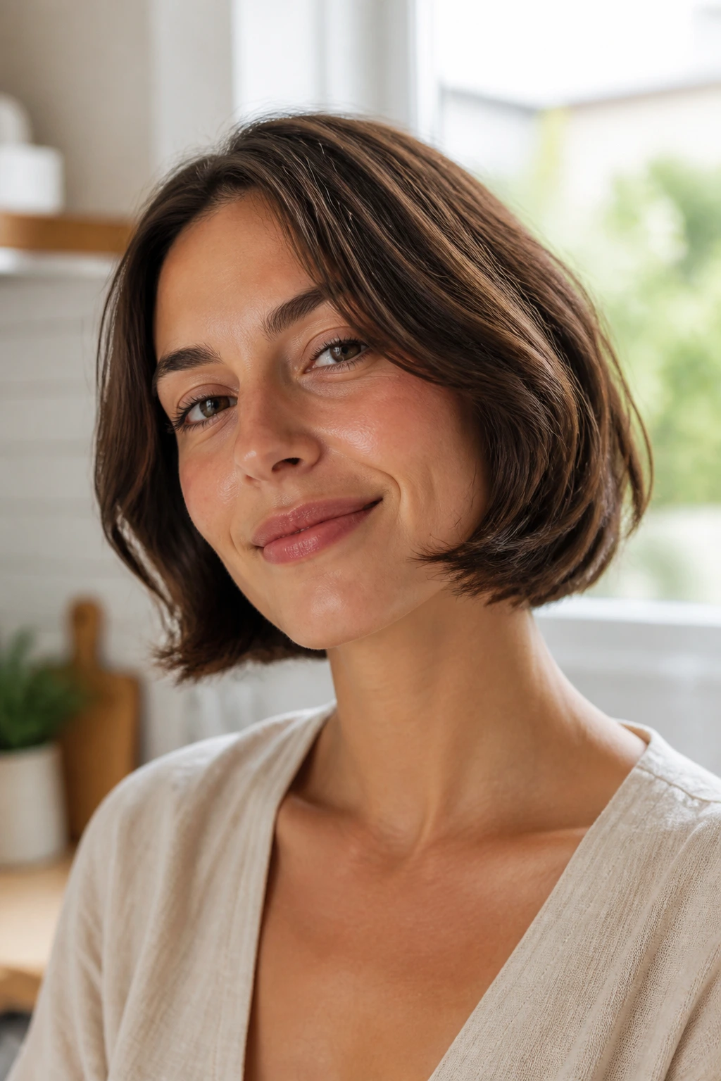 Real woman with a French bob haircut in morning kitchen light