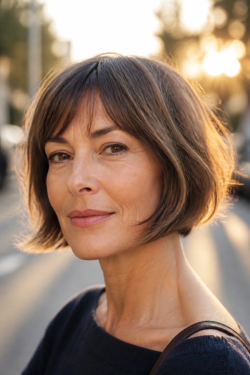 Close-up of a real woman with a French bob and airy ends under warm outdoor light