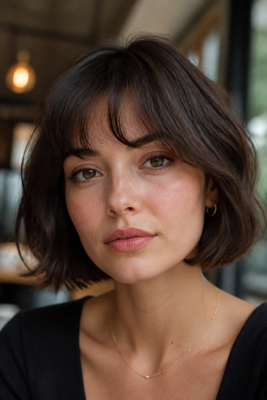 Real woman wearing a French bob with airy fringe in cafe light
