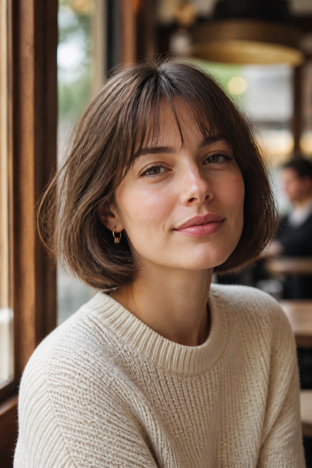 Close-up portrait of a real woman with a French bob and airy fringe