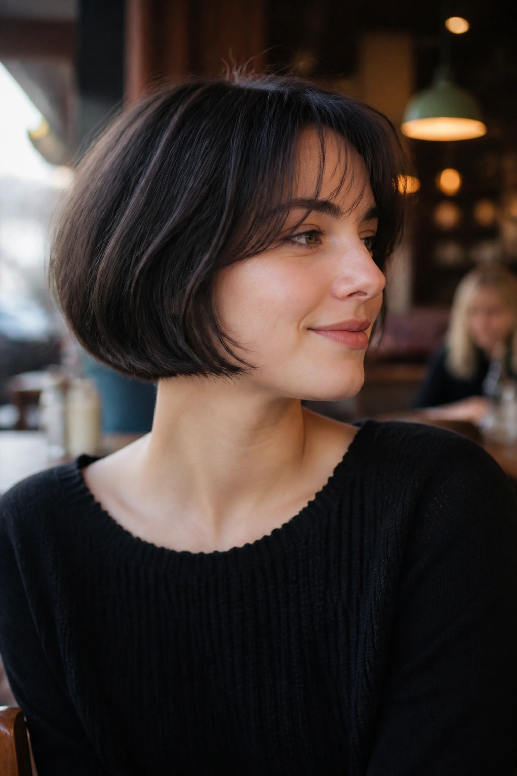 Close-up of a real woman in a French bob with airy fringe in a cafe setting
