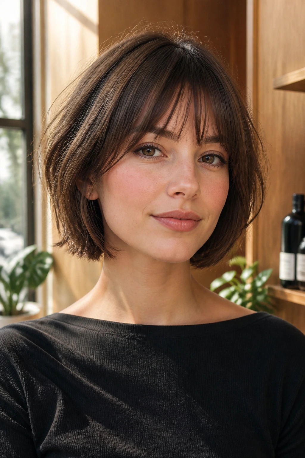 Close-up of a real woman with a French bob and airy fringe under natural light