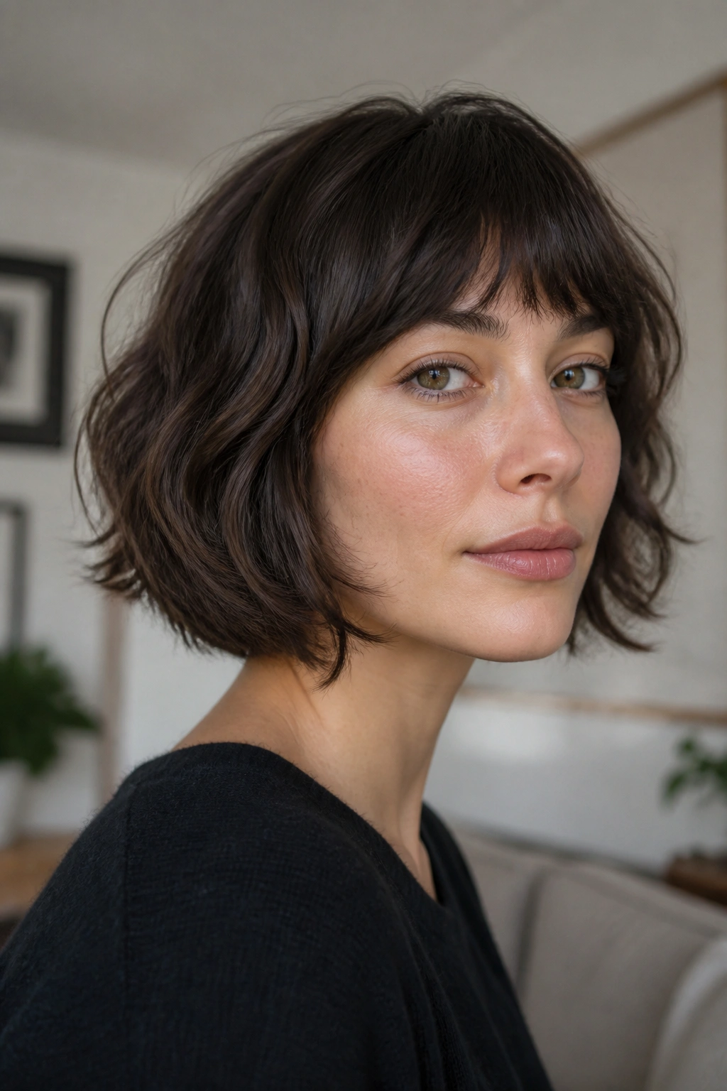 Close-up of real woman with a French bob featuring airy interior layers and soft waves.