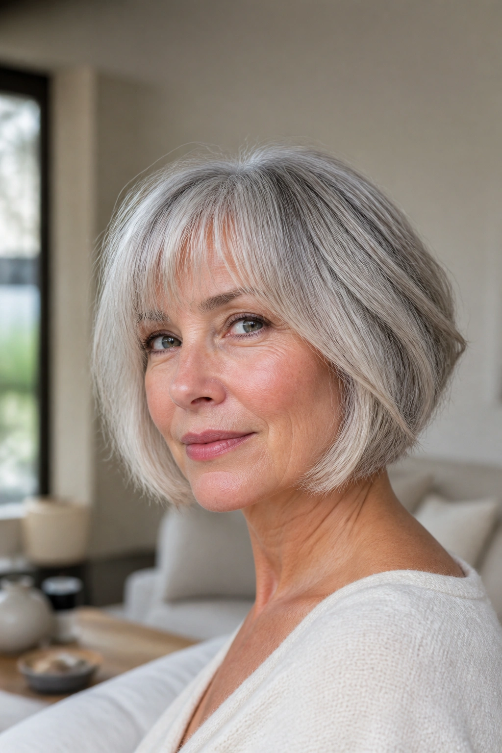 Close-up of a real woman with a chin-length French bob