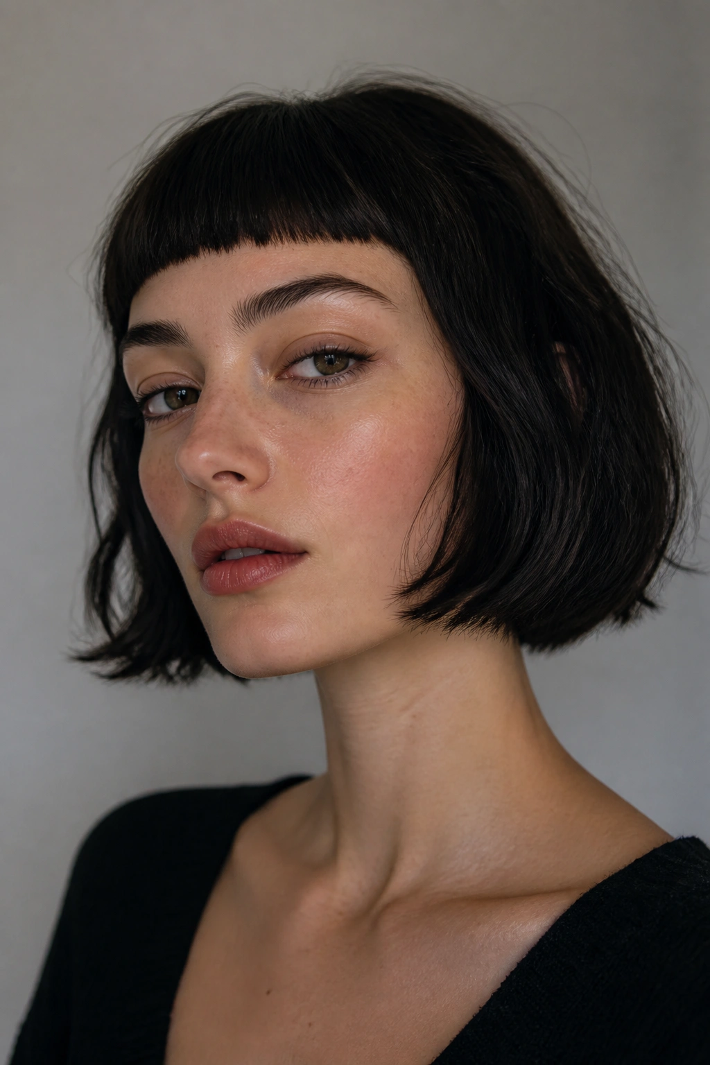 Close-up of a real person with a French bob and baby bangs above the brows