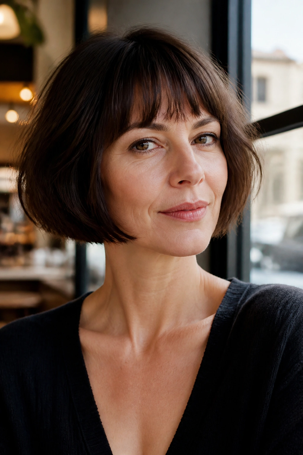 Close-up portrait of a real woman with a French bob and bangs in bright cafe light