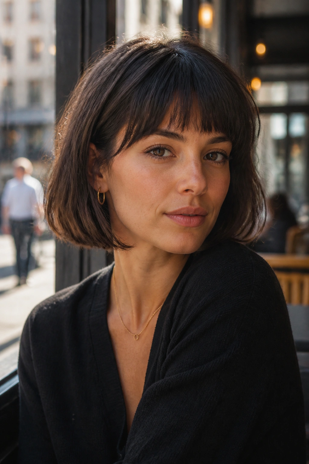 Portrait of a person with a French bob and bangs in a sunlit cafe