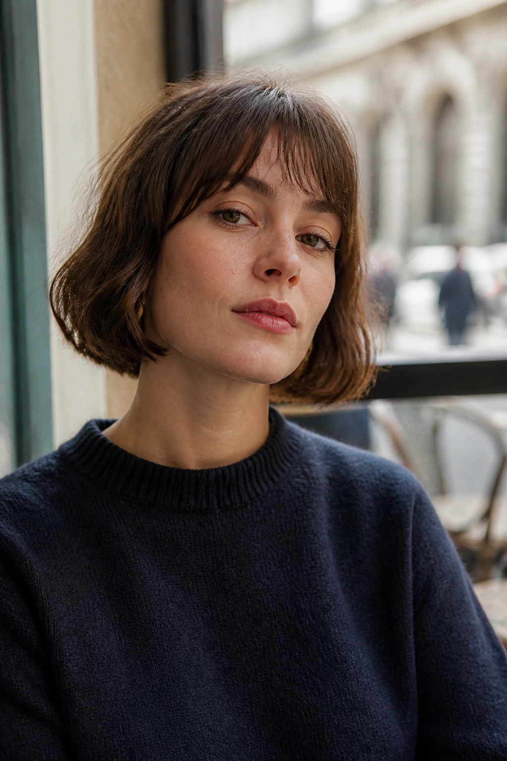 Portrait of a real woman with a French bob and eyebrow-skimming bangs in a cafe setting