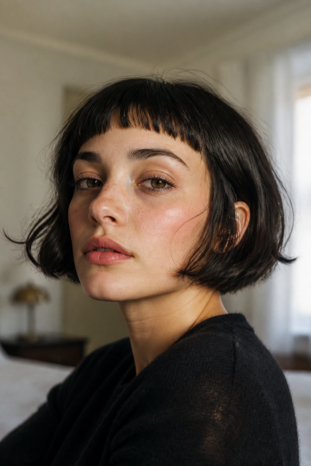 Close-up of a real woman with French bob and baby bangs in window light