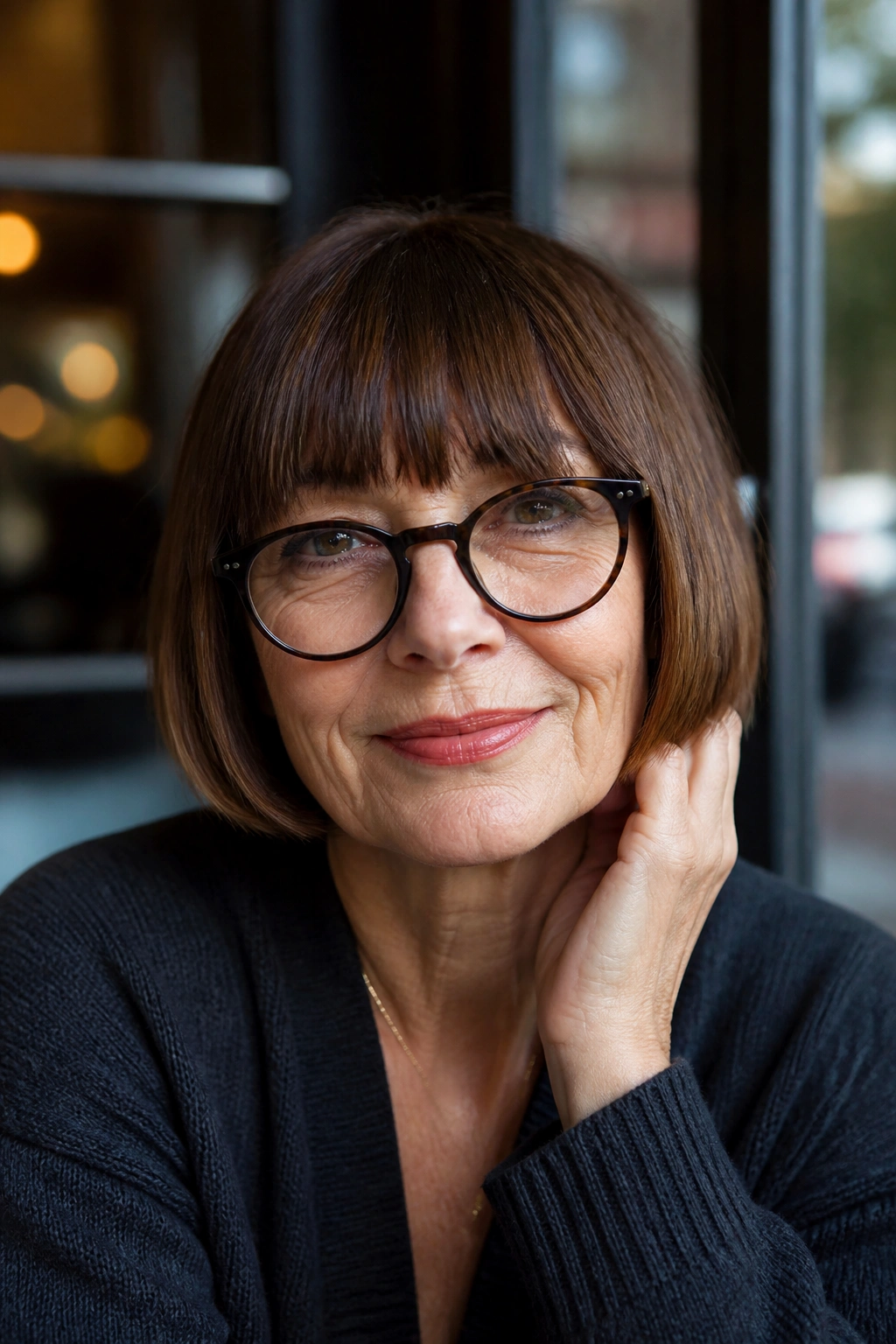 Real woman with a French bob and eyebrow-grazing bangs in natural light.